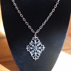 Avon Silver Tone Turquoise Diamond Shaped Pendant Bohemian Chain Necklace